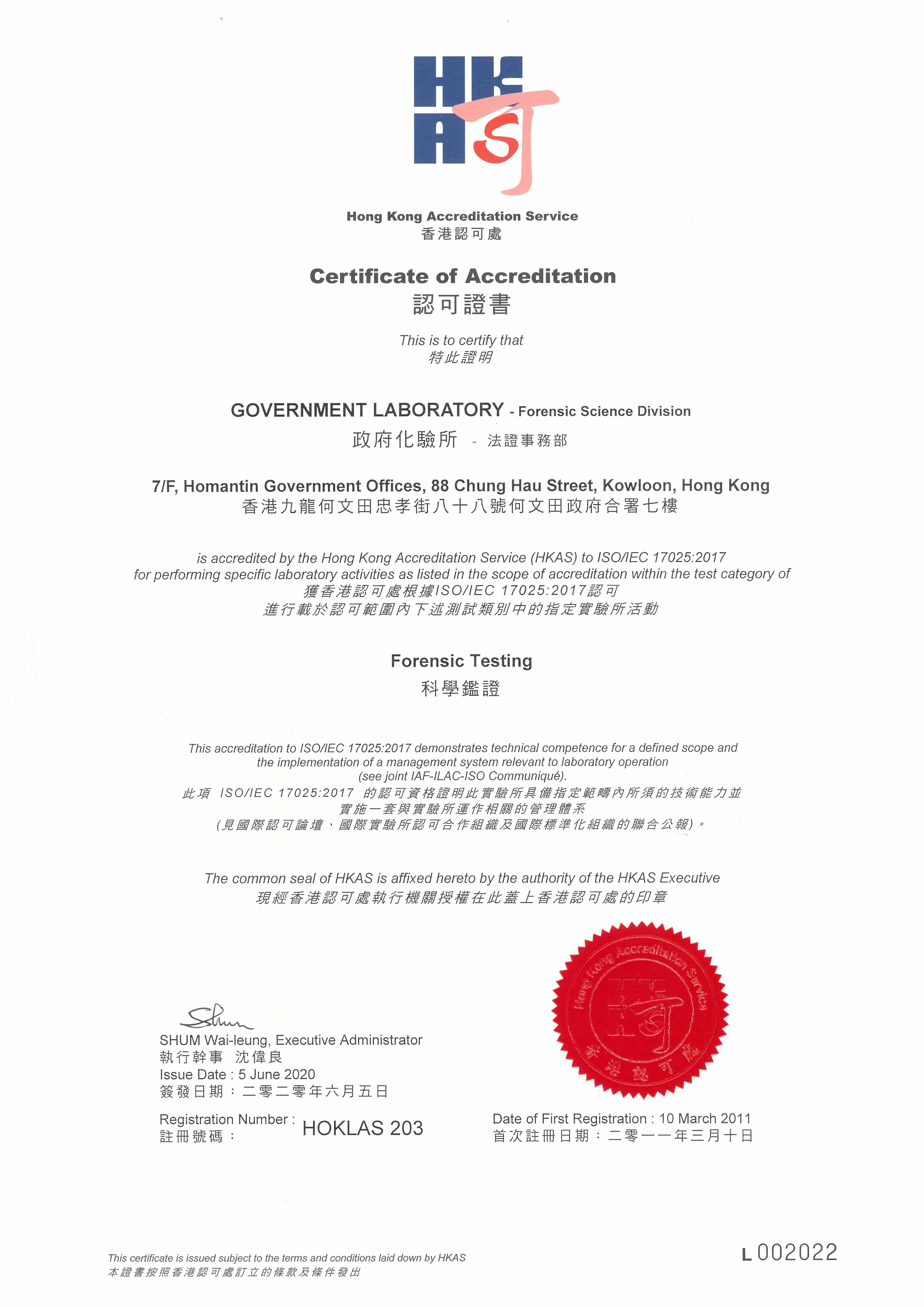 Certificate of Accreditation (Forensic Testing) (HMT)
